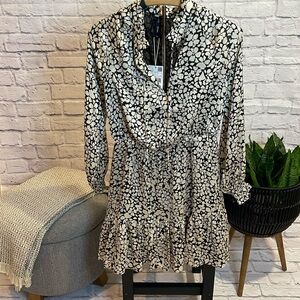 Mango Black and White Ruffled Tie Front Midi Dress